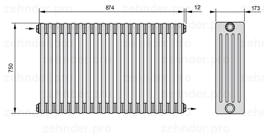 Схема (чертеж) Радиатор Zehnder Charleston 5075/19 №1670 Белый глянцевый RAL 9016